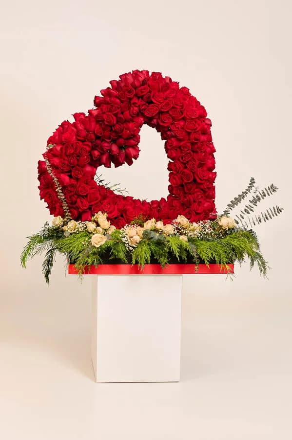 Corazón abierto de rosas rojas